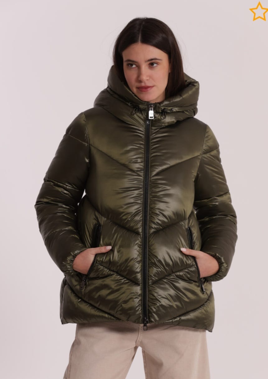 piumino corto con cappuccio trama geometrica - mimì muà - verde militare