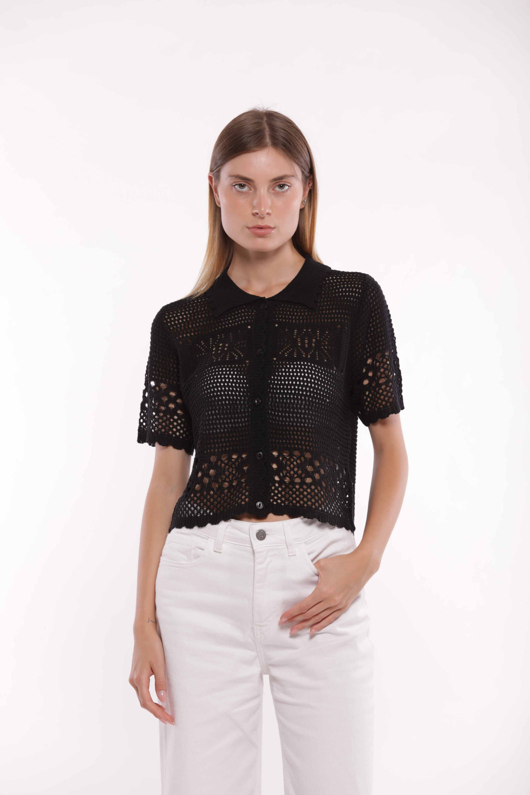 cardigan maniche corte in crochet - mimì muà - nero