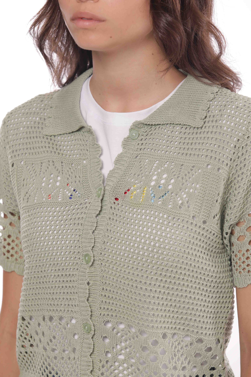 cardigan maniche corte in crochet - mimì muà - verde salvia