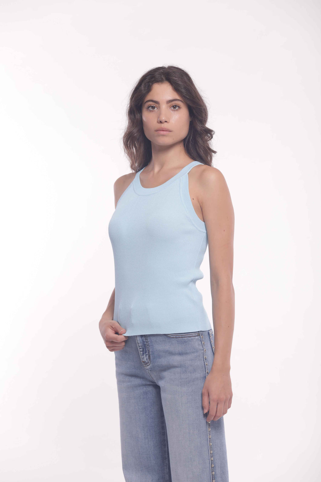 top a costine con scollo all'americana - mimì muà - celeste