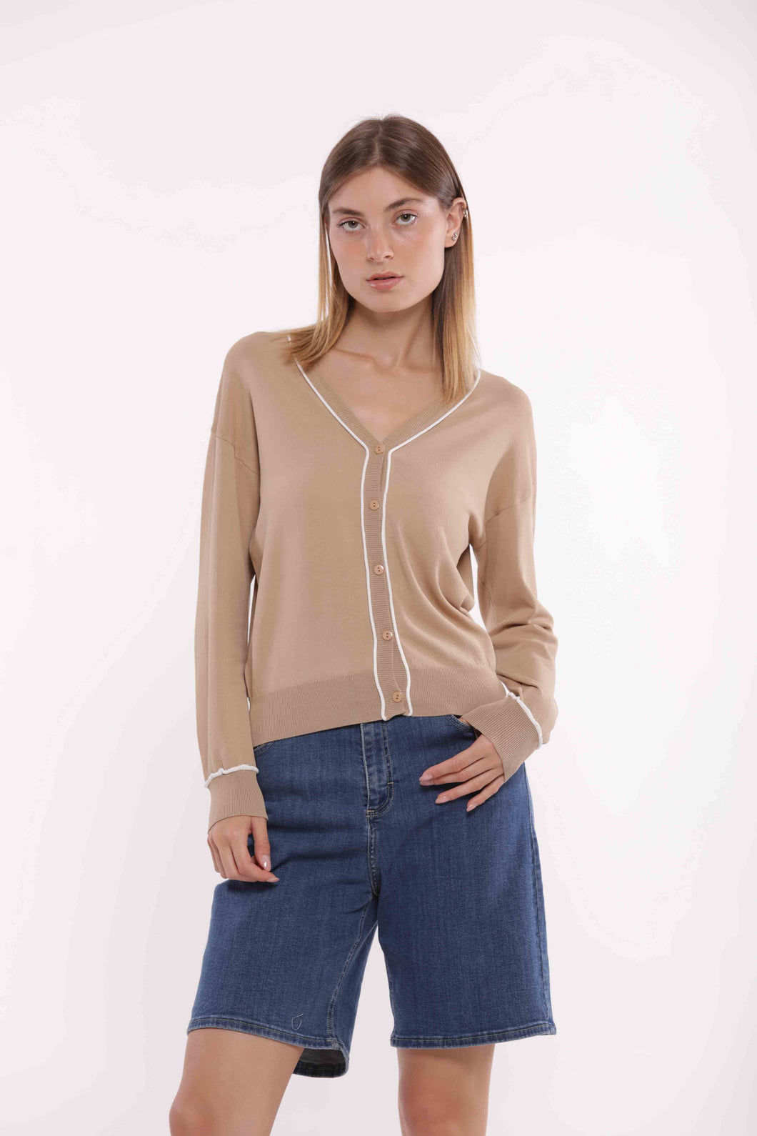 cardigan con dettagli bicolor - mimì muà - panna cammello