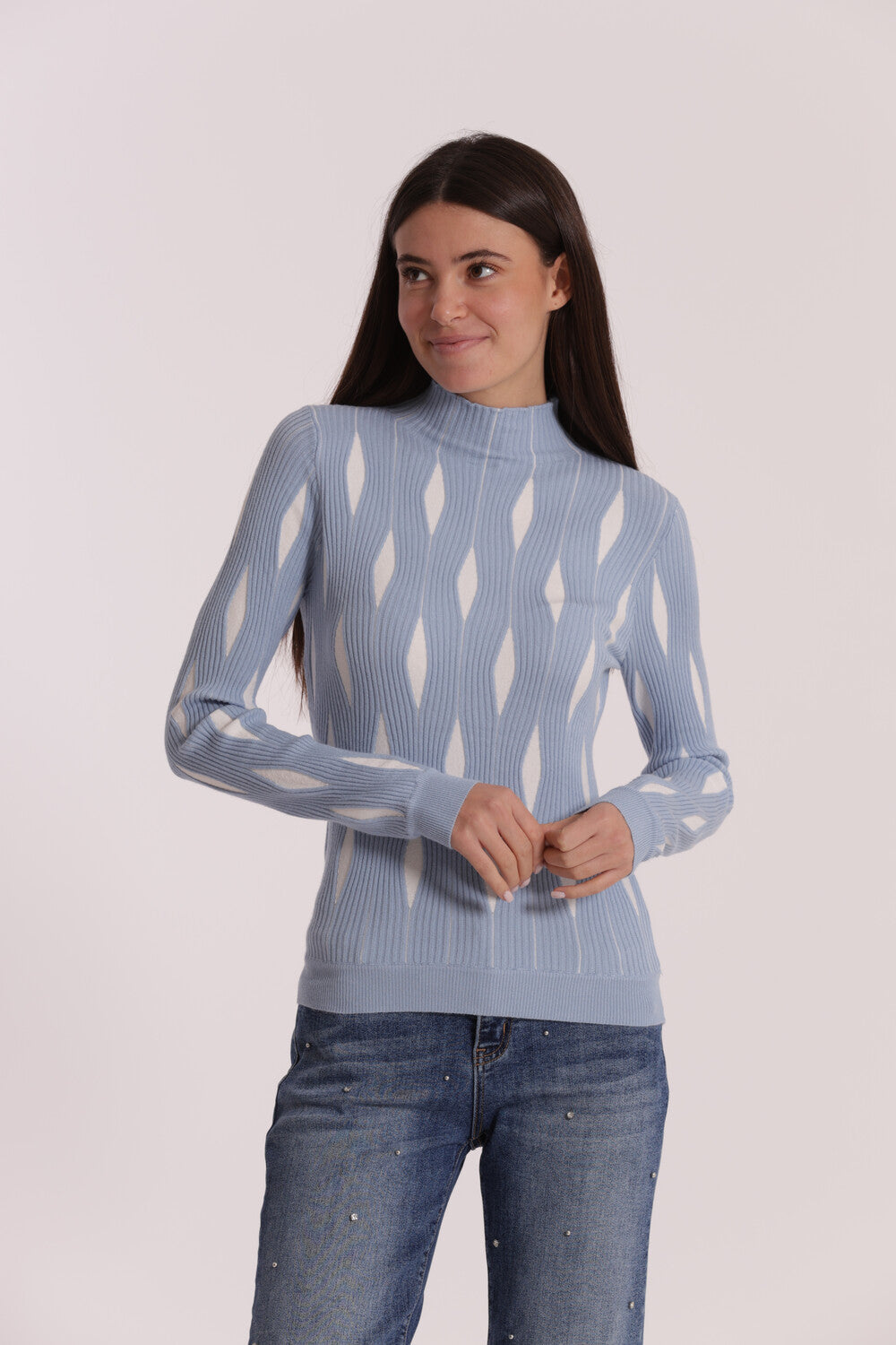 maglia bicolor con fantasia a rombi - mimì muà - bianco azzurro