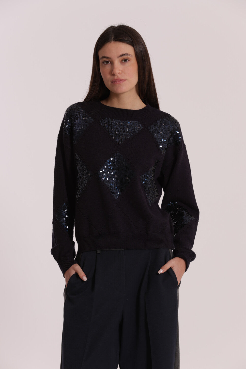 maglia con rombi e paillettes - mimì muà - blu