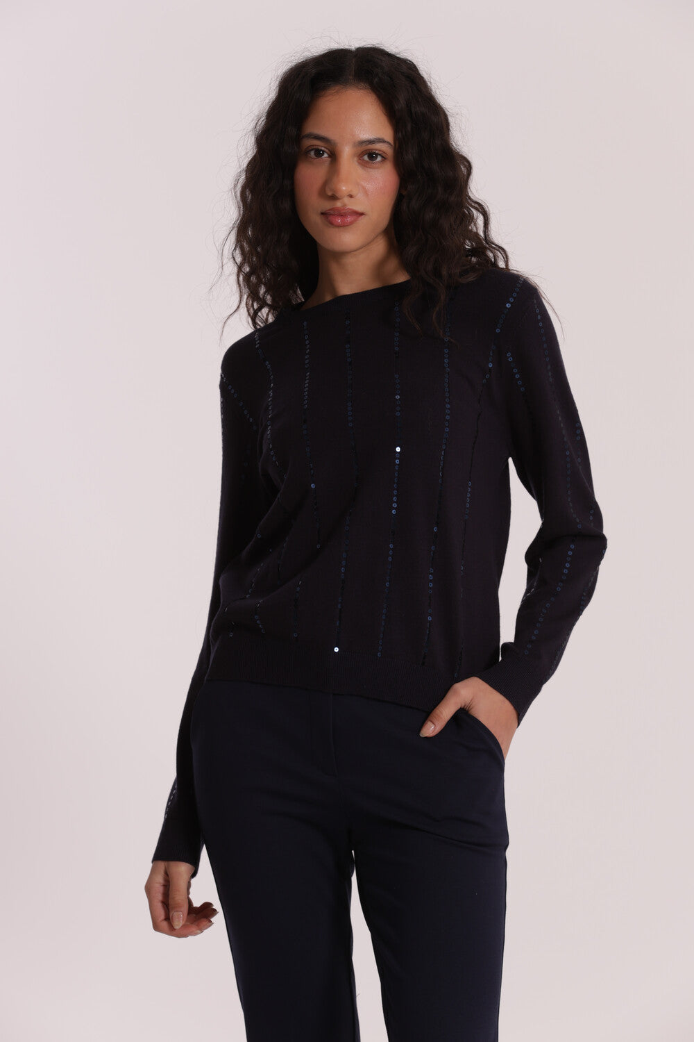 maglia scollo tondo con paillettes - mimì muà - blu