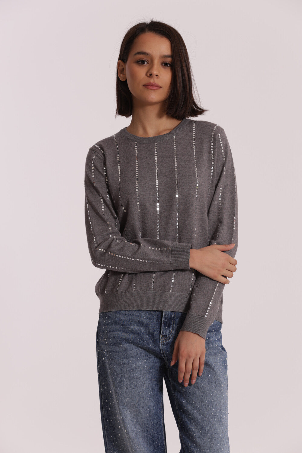 maglia scollo tondo con paillettes - mimì muà - grigio