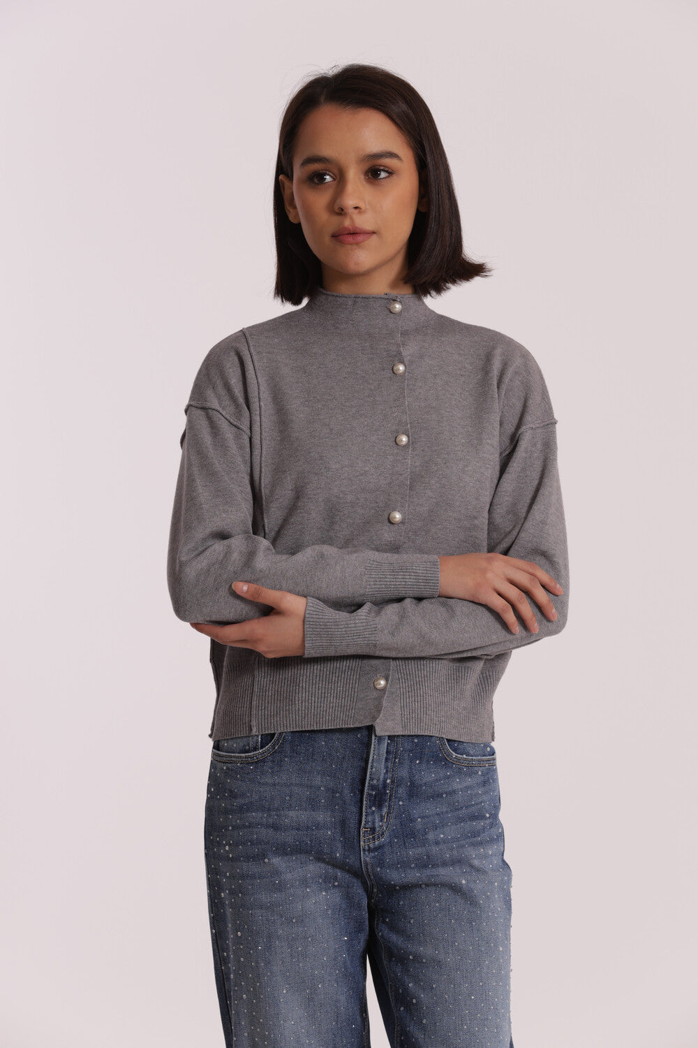 maglia cardigan con bottoni perle - mimì muà - grigio