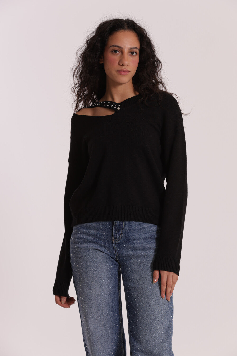 maglia scollo a V cut out con strass - mimì muà - nero