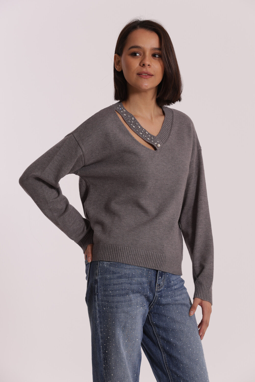 maglia scollo a V cut out con strass - mimì muà -  grigio