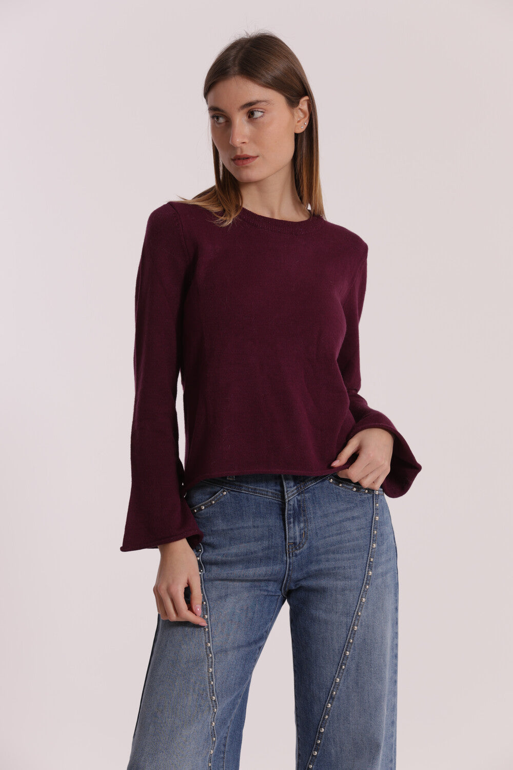 maglia scollo tondo con fiocchi sulla manica - mimì muà - burgundy