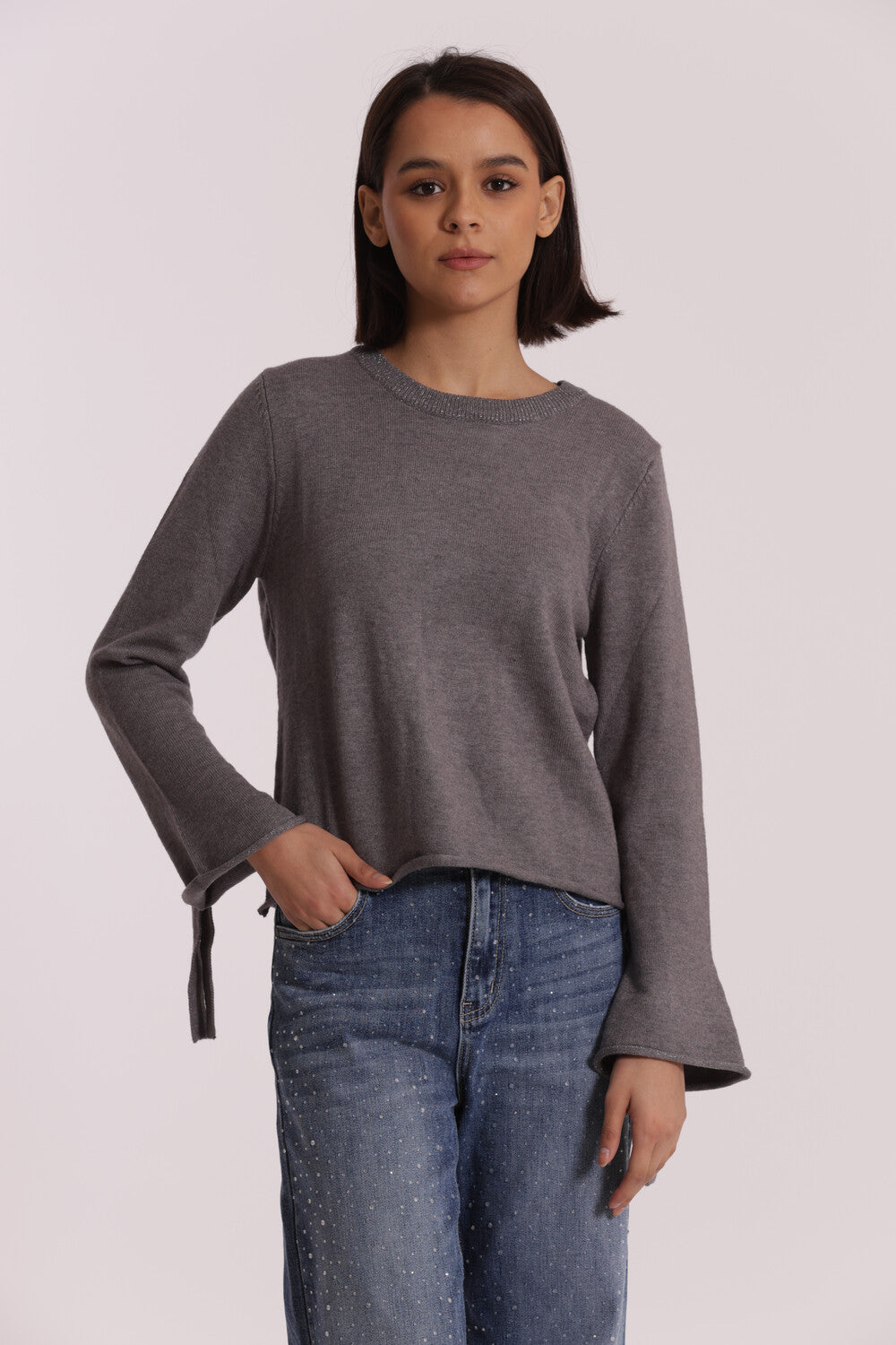 maglia scollo tondo con fiocchi sulla manica - mimì muà - grigio