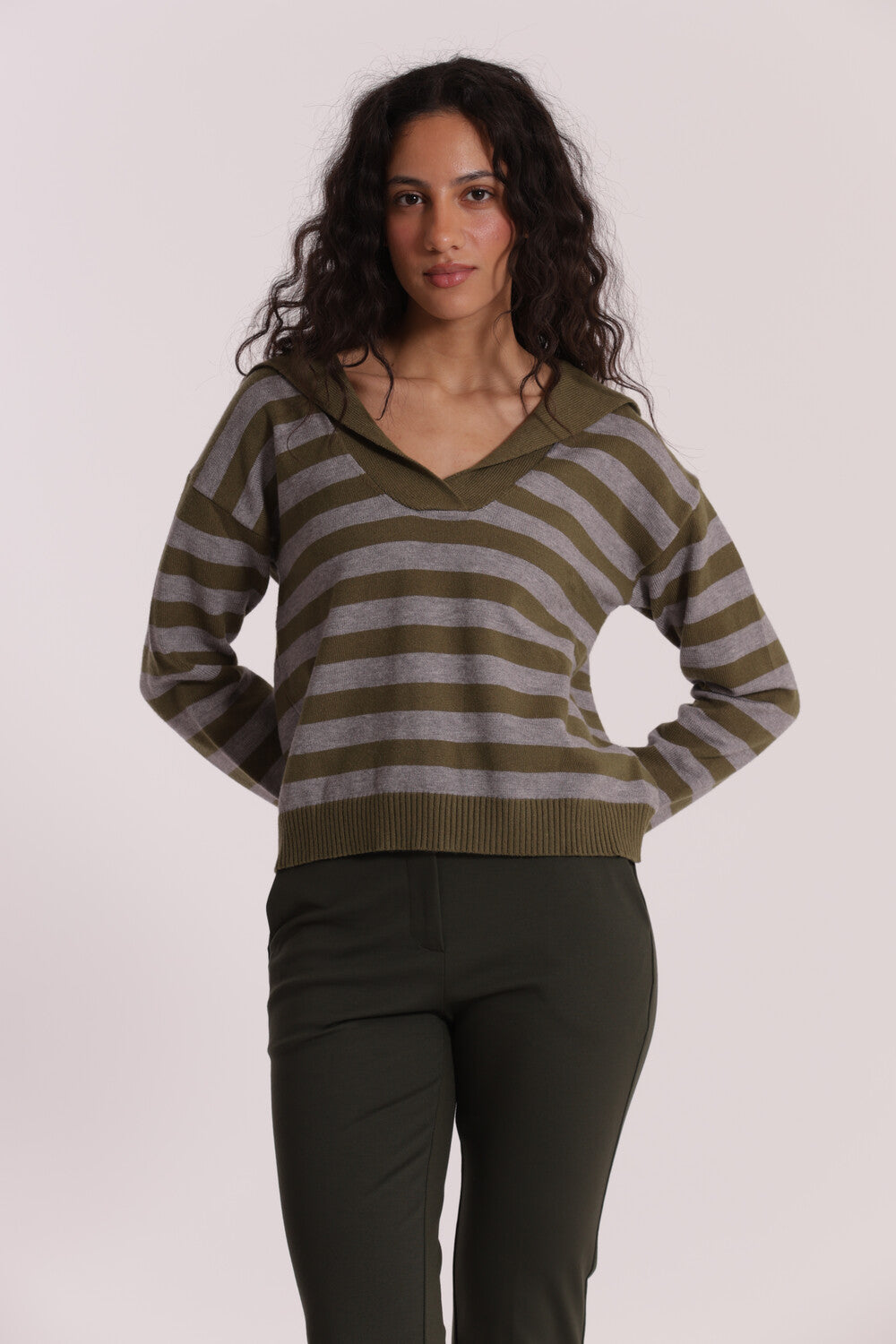 maglia polo a righe - mimì muà - verde militare grigio