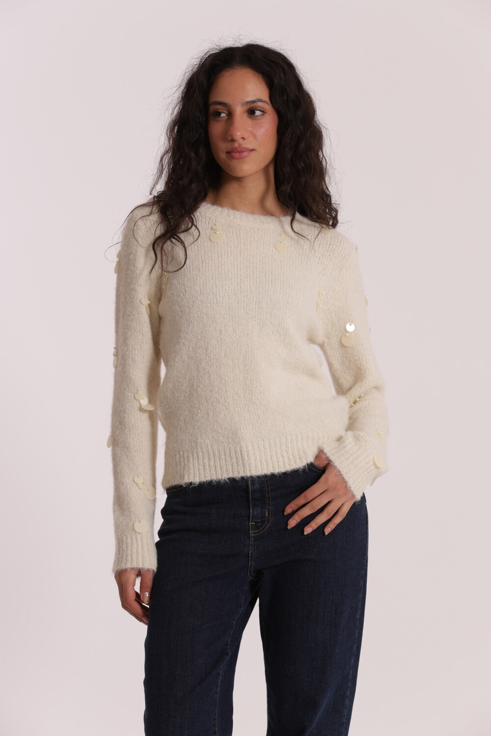 maglia con pailllettes su maniche - mimì muà - panna
