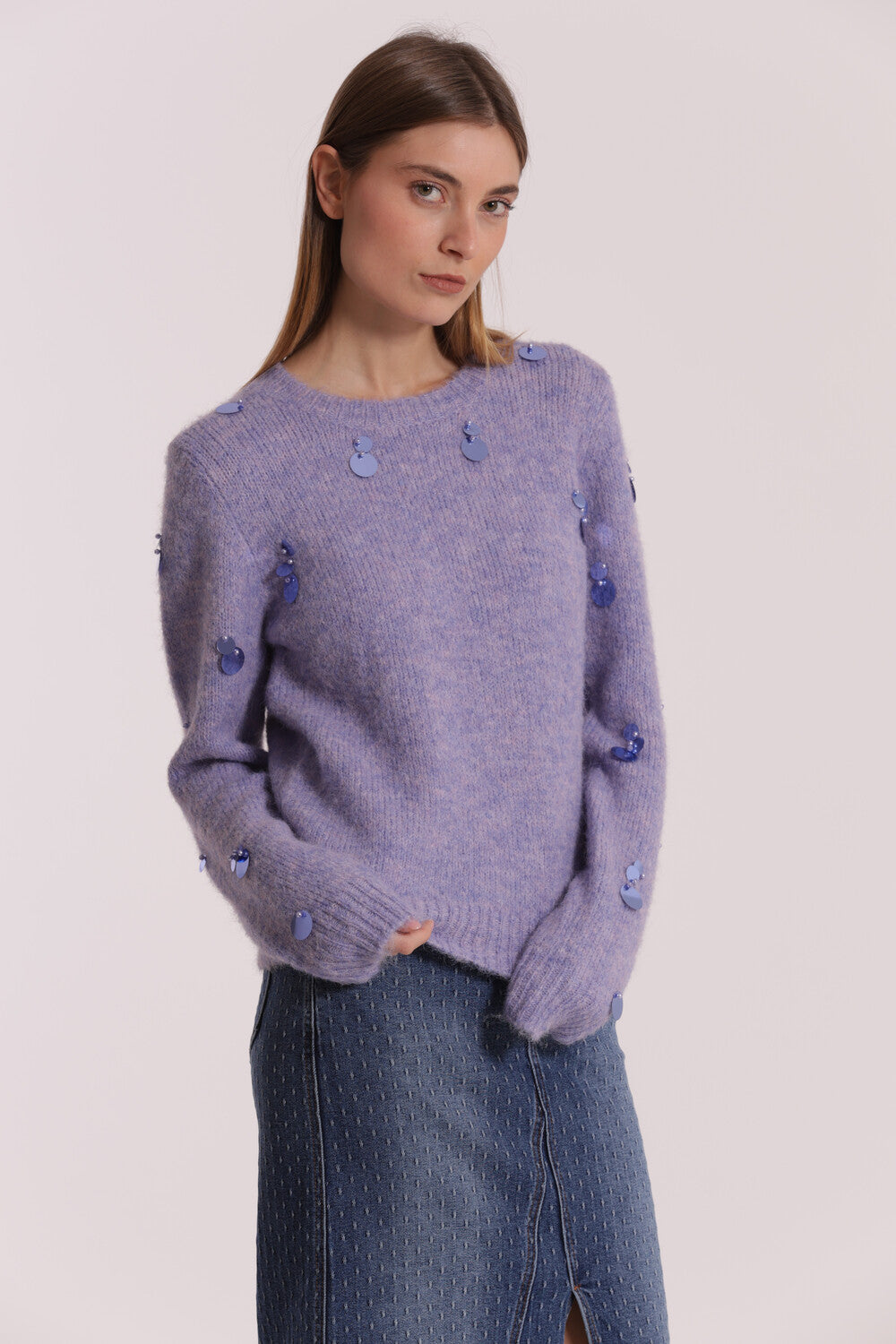 maglia con pailllettes su maniche - mimì muà - lilla