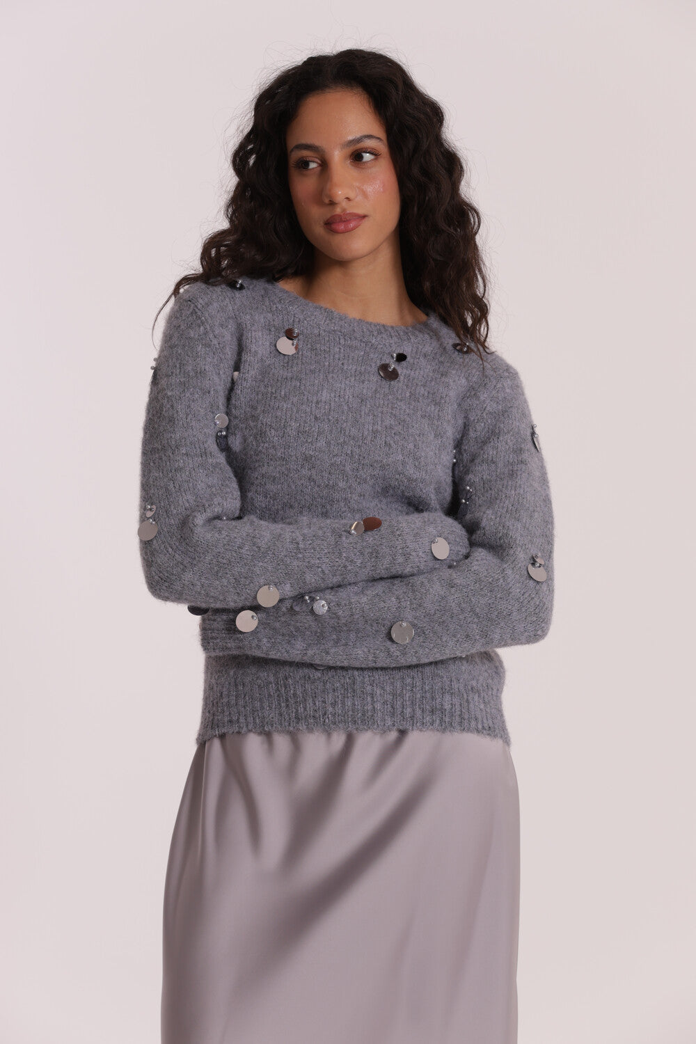 maglia con pailllettes su maniche - mimì muà - grigio