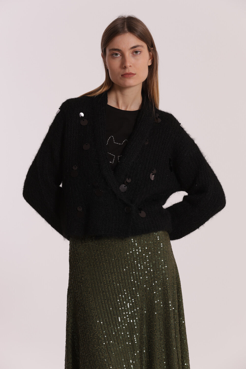 maglia cardigan con chiusura incrociata e paillettes  - mimì muà - nero