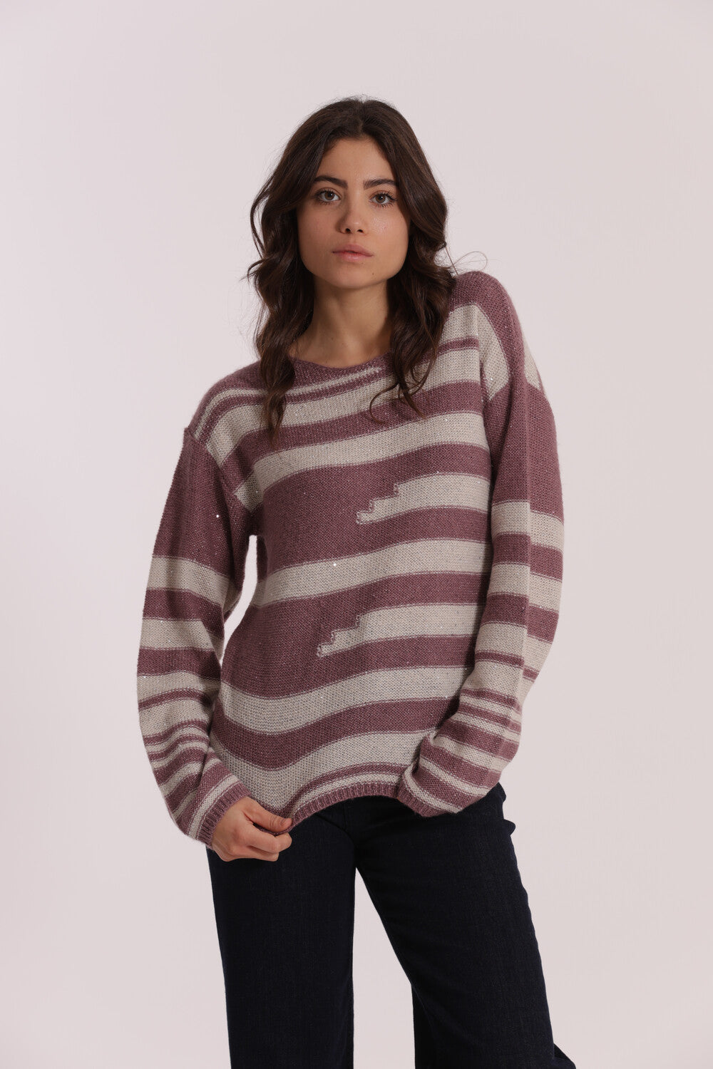 maglia a righe e paillettes - mimì muà - malva bianco
