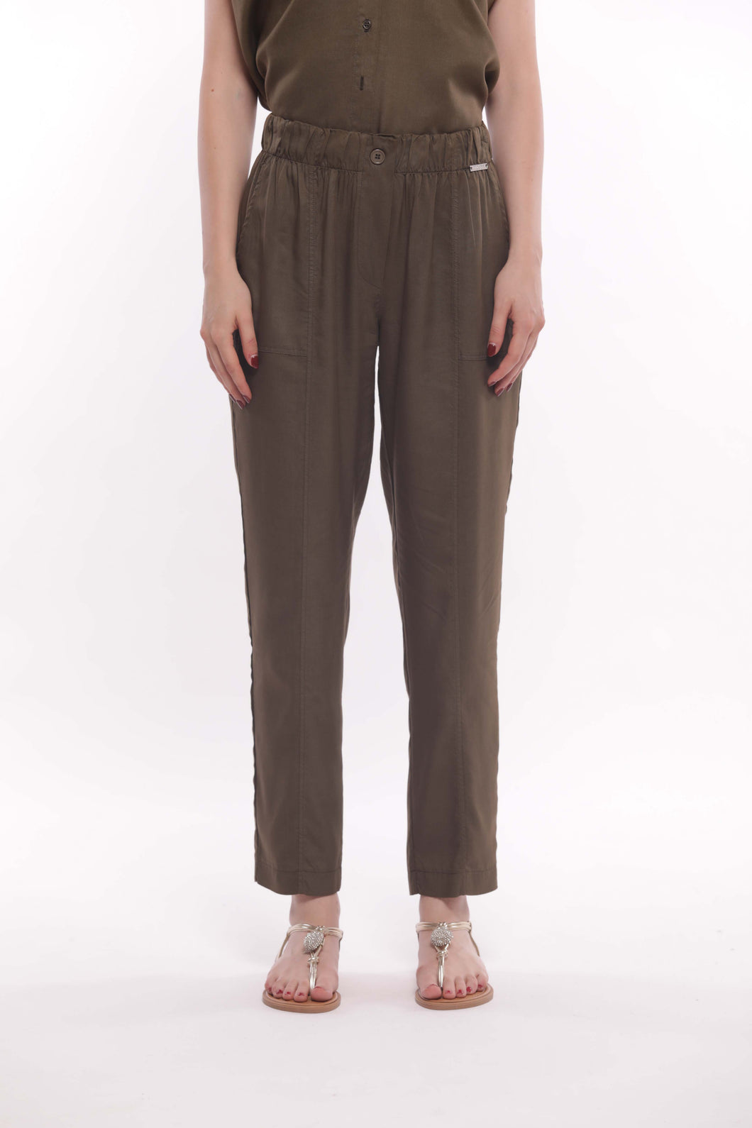 pantalone con elastico in vita in tencel - mimì muà - verde militare 2025