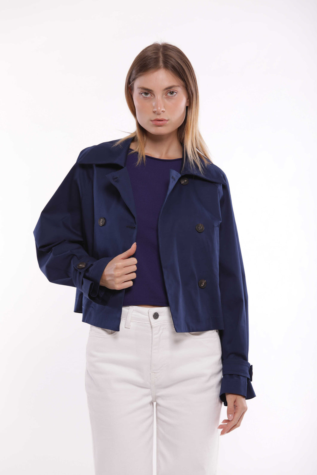 trench cropped in gabardina - mimì muà - blu
