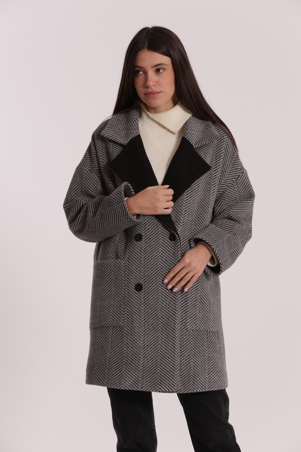 cappotto over tessuto spigato  - mimì muà - nero grigio