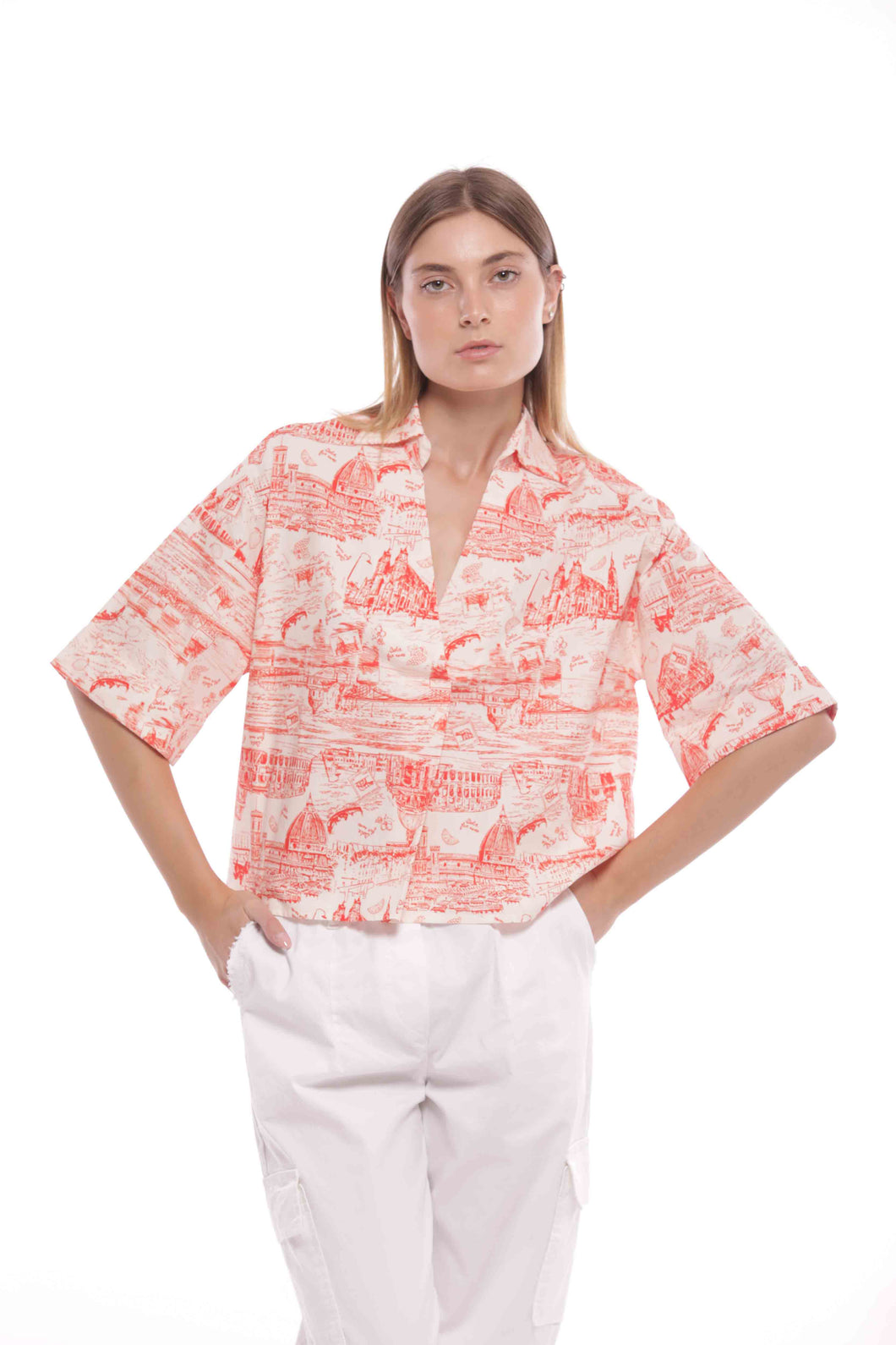 camicia cropped fantasia love italy  - mimì muà - panna  rosso