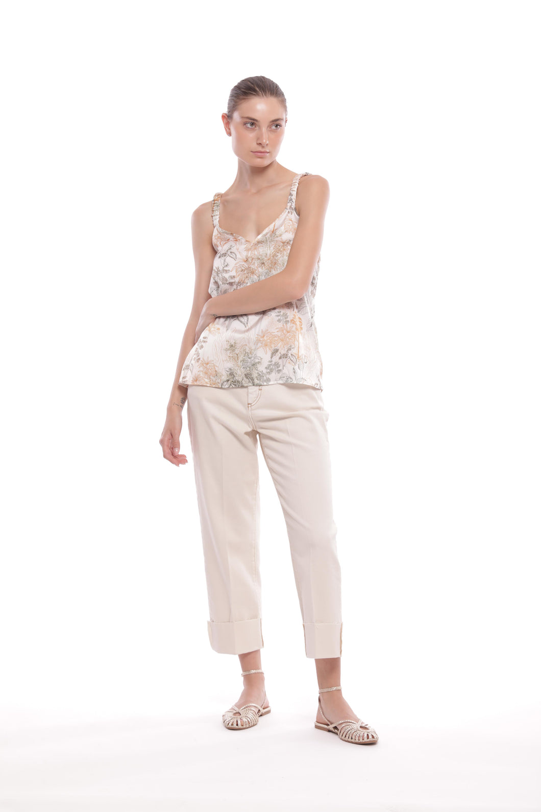 pantalone cropped con risvoltino in bull di cotone- mimì muà - burro 2025