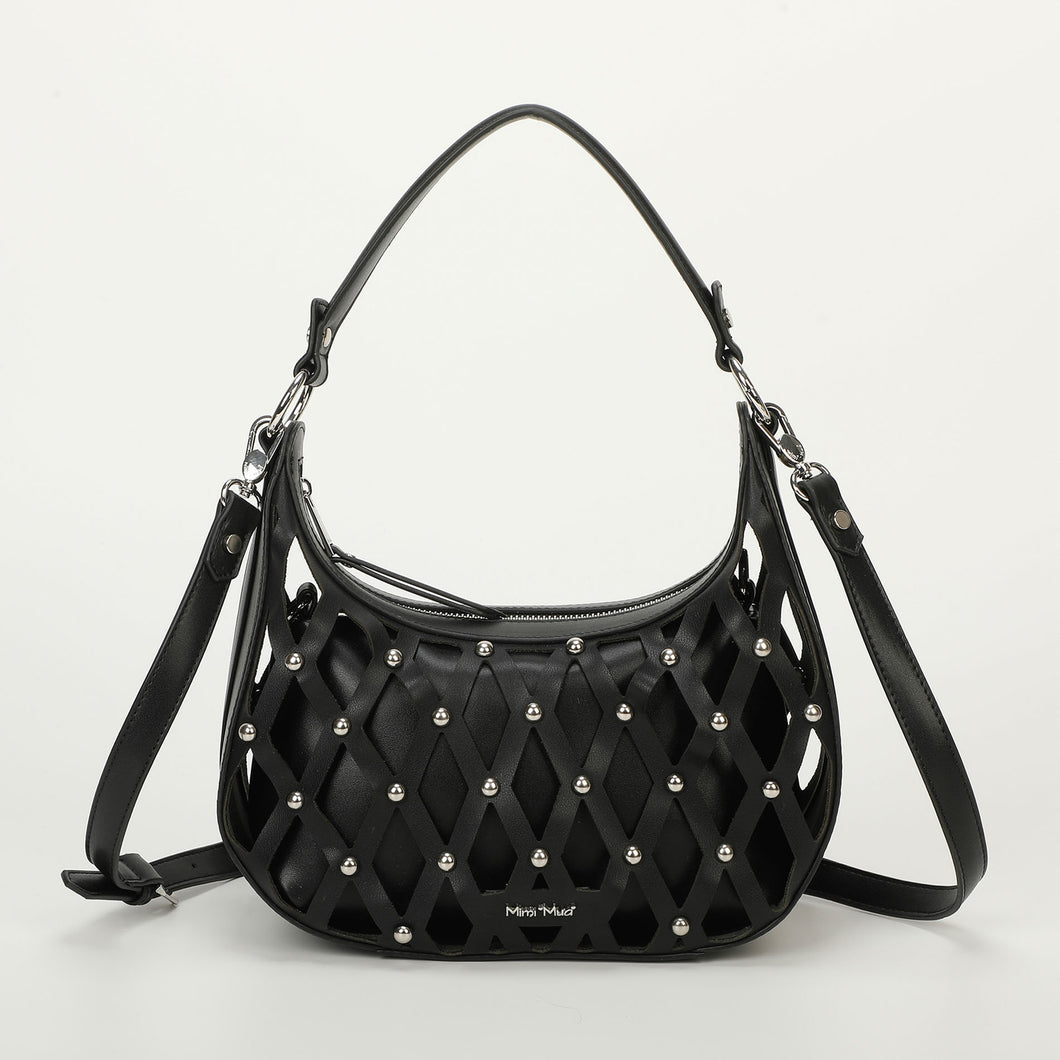 borsa a spalla effetto rete con borchie - mimì muà - nero