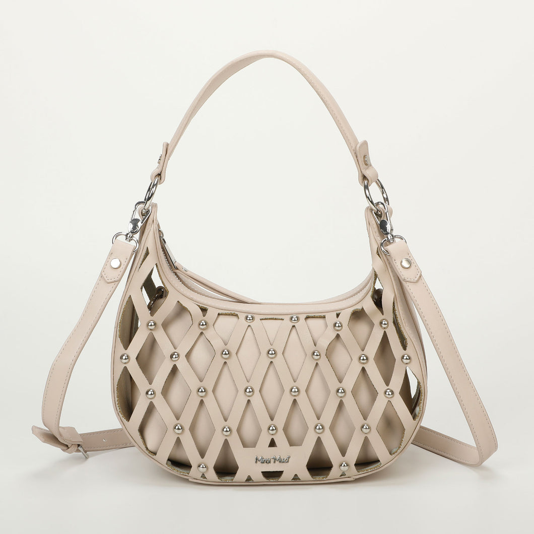 borsa a spalla effetto rete con borchie - mimì muà - beige