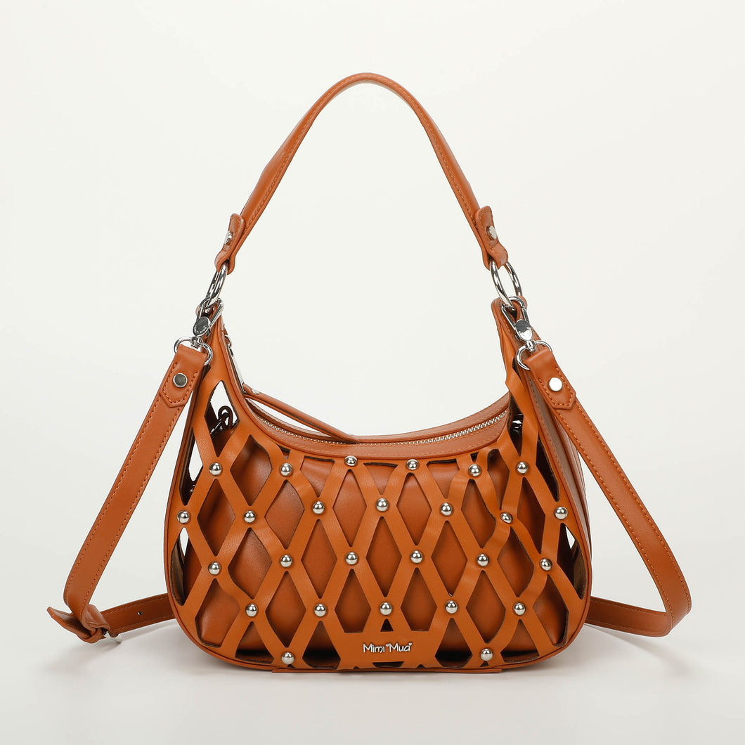 borsa a spalla effetto rete con borchie - mimì muà - cuoio