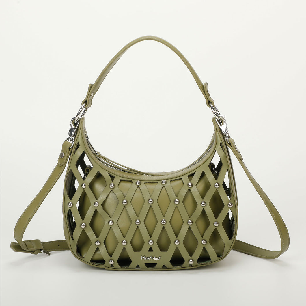 borsa a spalla effetto rete con borchie - mimì muà - verde militare