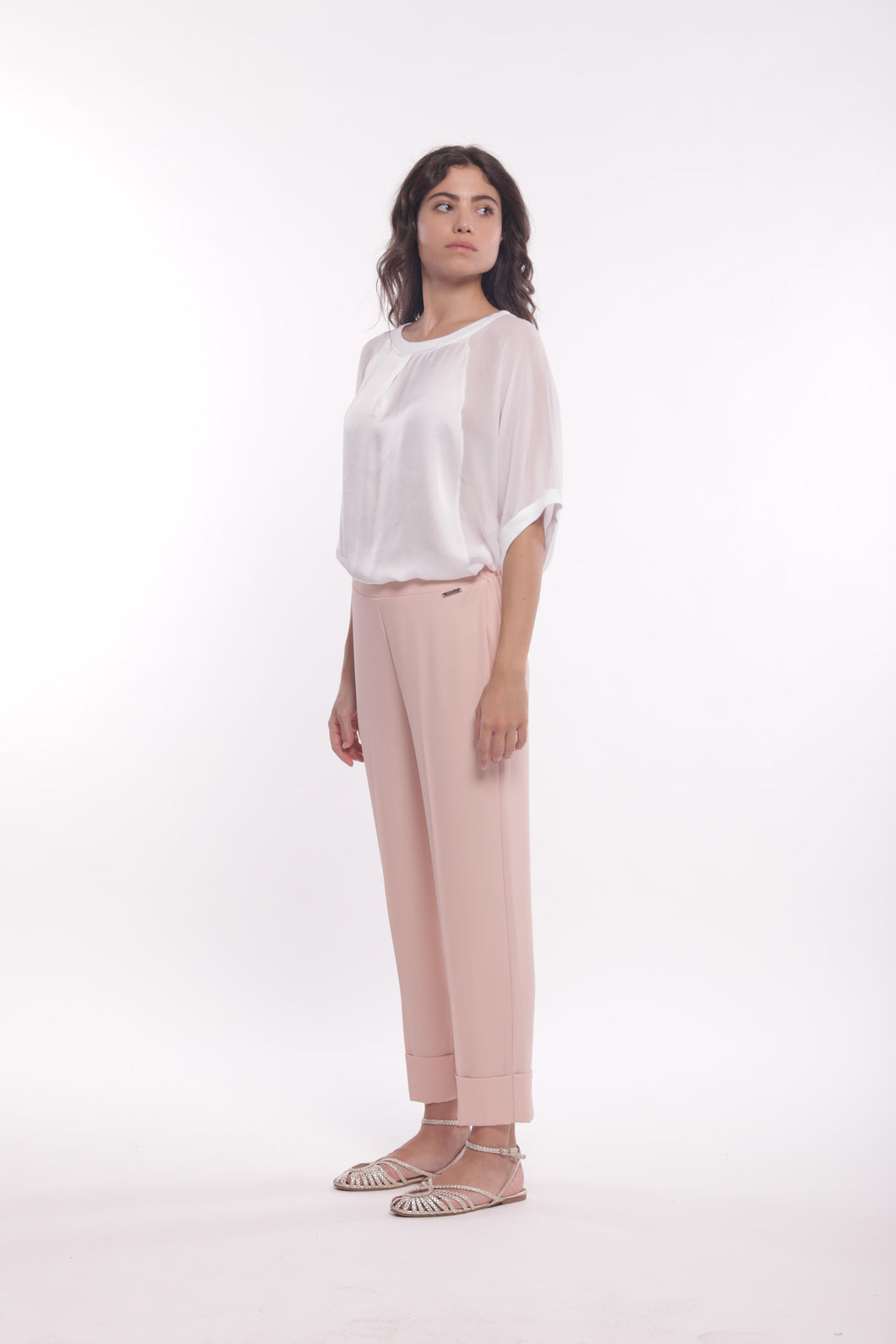 pantalone cropped con elastico dietro in cadì - mimì muà - cipria