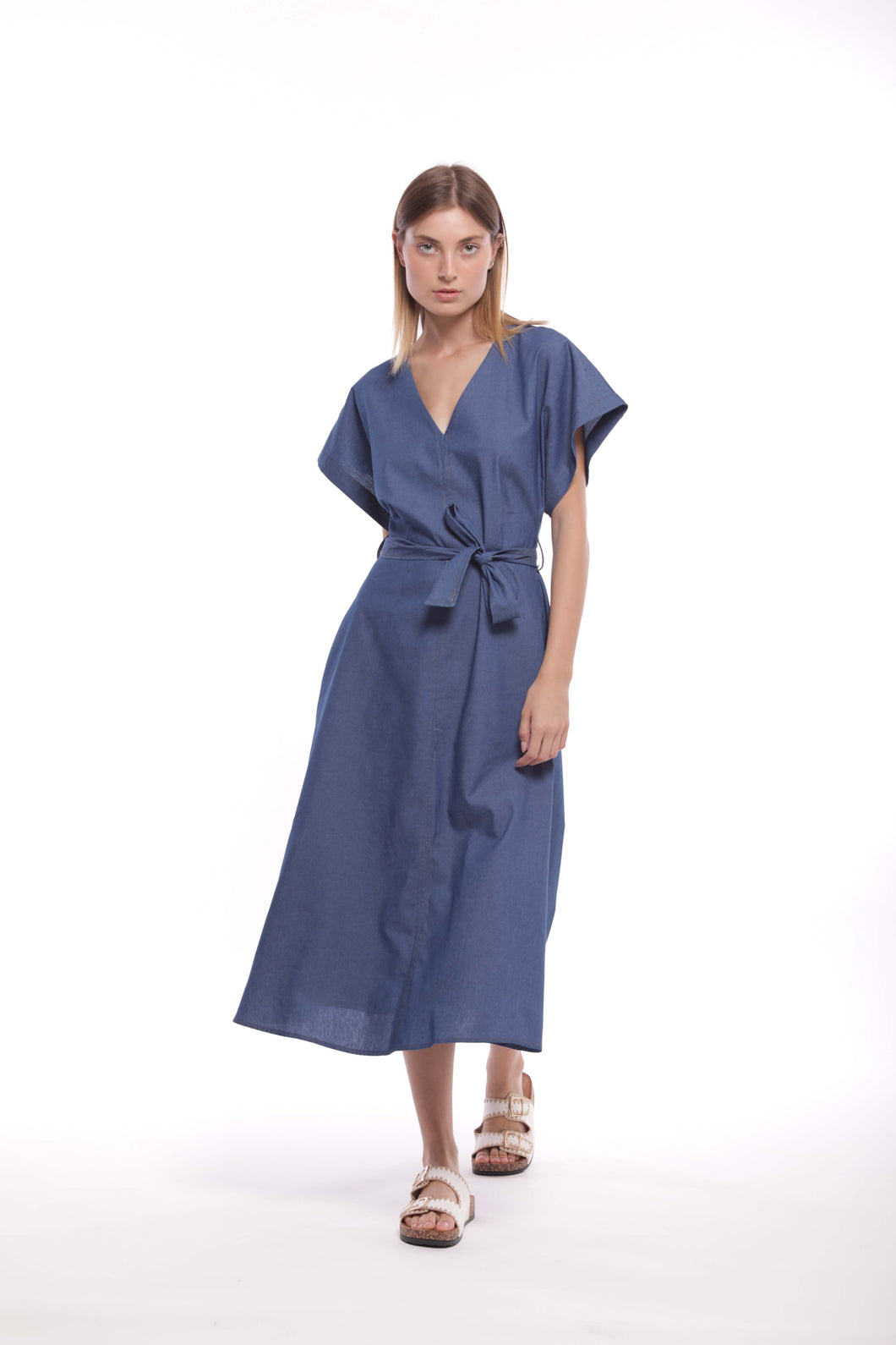 abito lungo in chambray con cintura in vita - mimì muà - blu