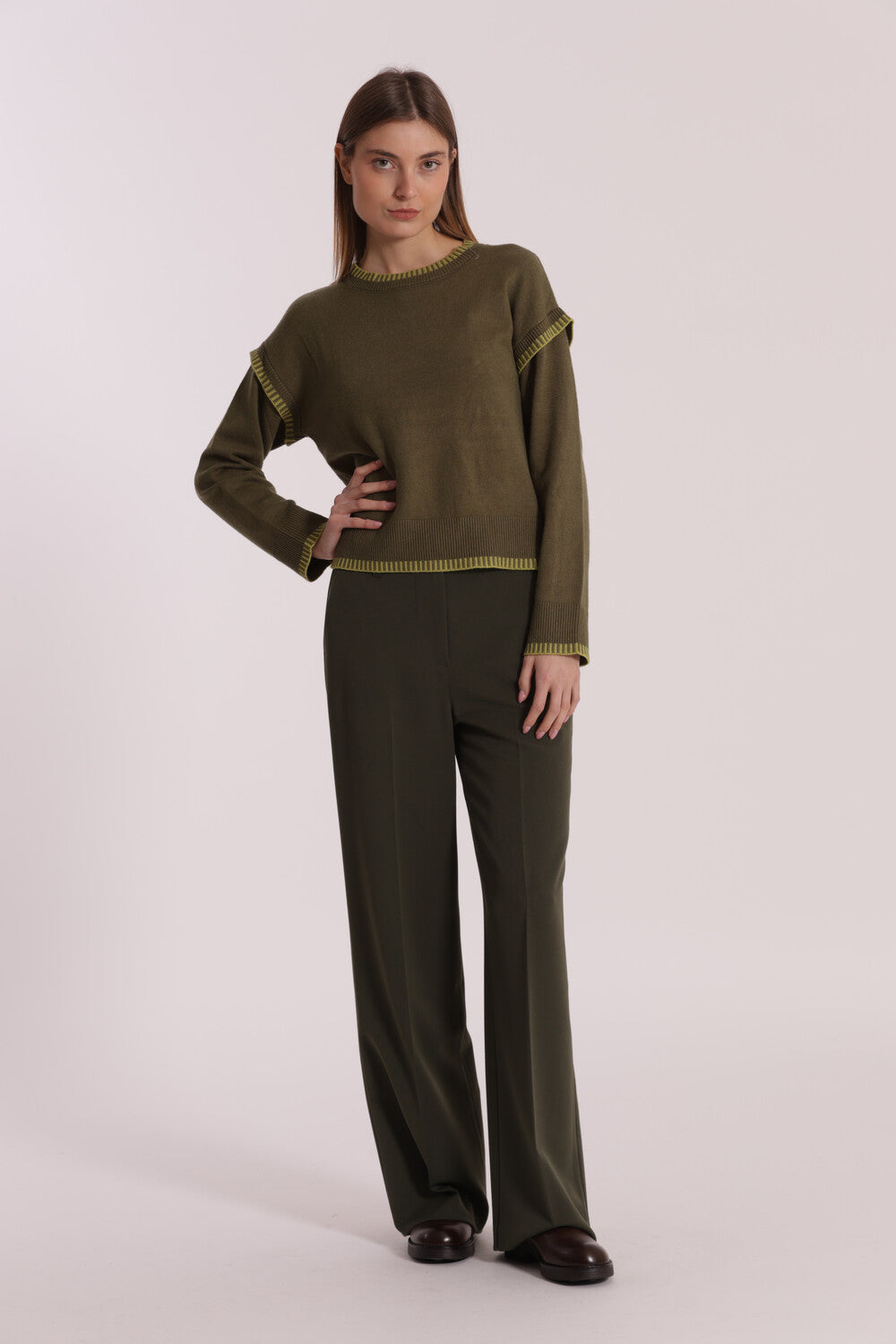 pantalone palazzo con elastico dietro in polyviscosa - mimì muà - verde militare