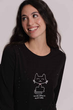 Carica l'immagine nel visualizzatore di Gallery, t-shirt manica lunga con gatto e strass frontali   - mimì muà - nero
