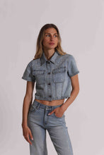 Carica l'immagine nel visualizzatore di Gallery, giacca cropped in jeans con pioggia di strass  - mimì  muà -  blu
