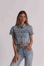 Carica l'immagine nel visualizzatore di Gallery, giacca cropped in jeans con pioggia di strass  - mimì  muà -  blu
