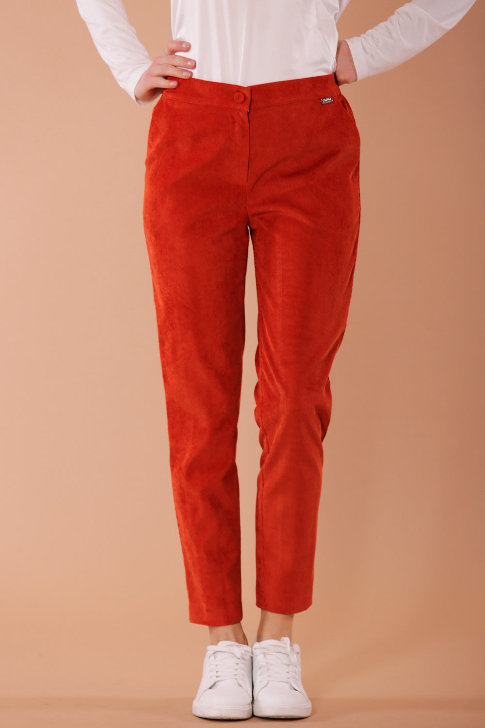 pantalone a sigaretta con elastico dietro a costine in velluto - arancio